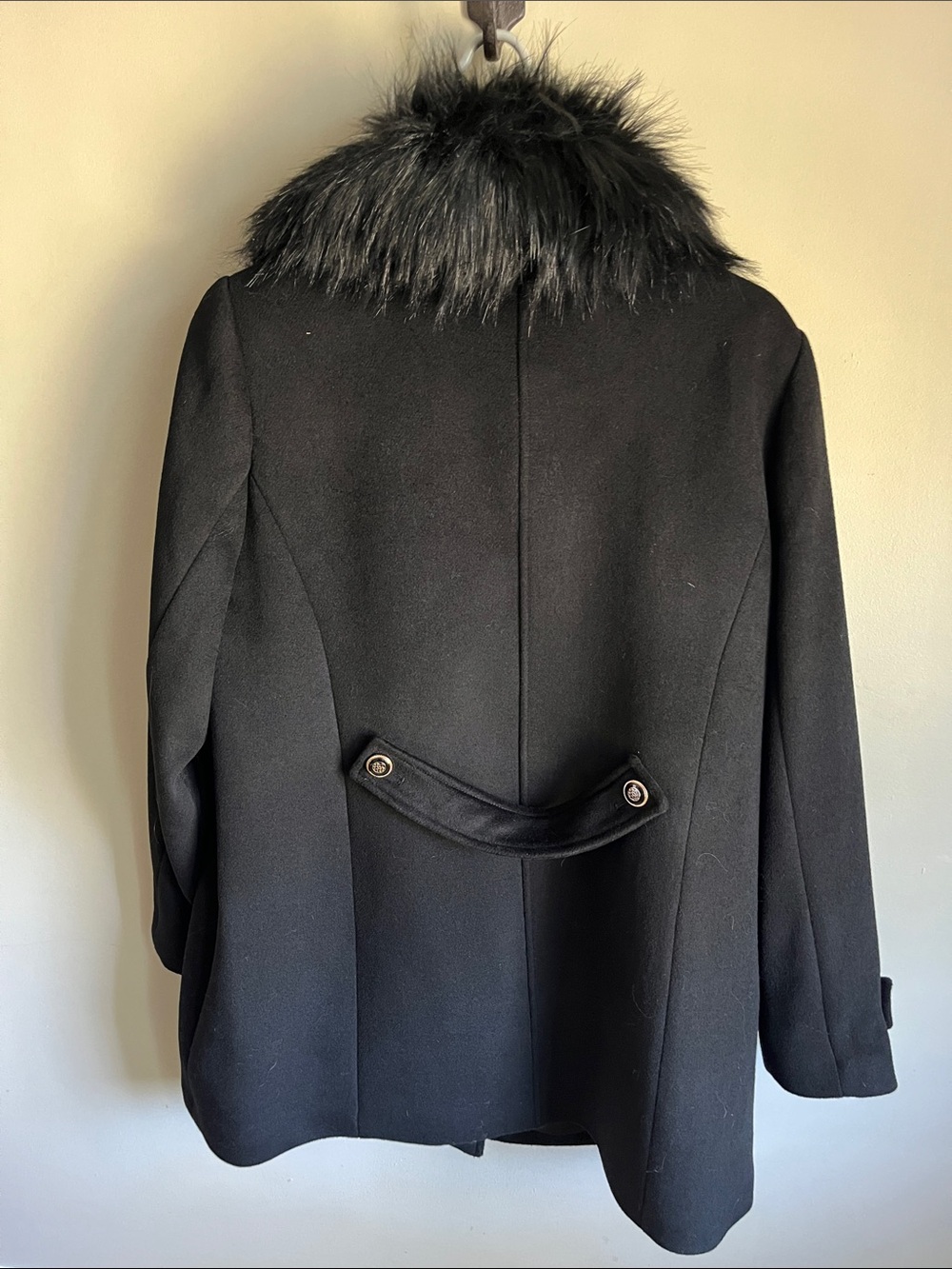 Women's Black Pea Coat with Faux-Fur Collar